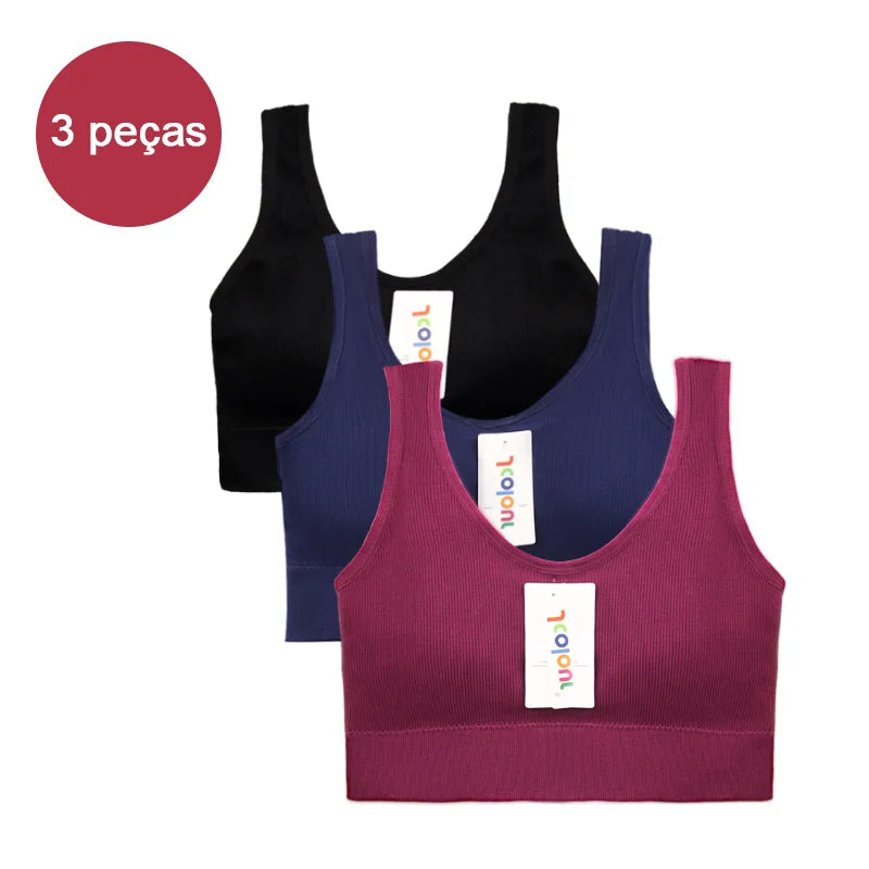 Conjunto de 3 peças: Top esportivo push-up, Poliéster, Respirável e confortável.