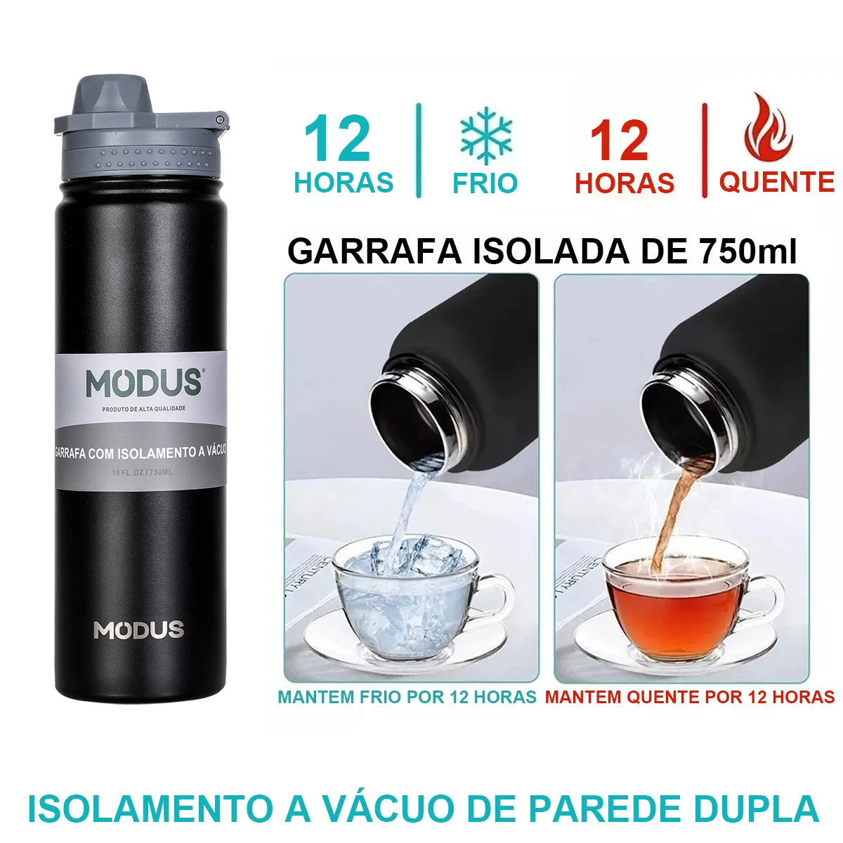Garrafa Térmica MODUS com Canudo Copo Térmico de Aço Inoxidável Isotérmico 750ml