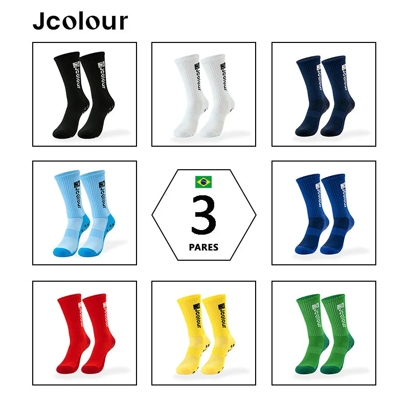 3 Pares Meias esportivas antiderrapantes coloridas,Meia de futebol elástica de cano médio,Poliamida,Ciclismo, corrida