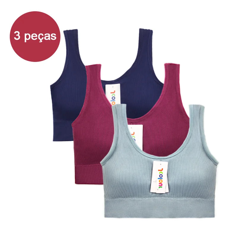 Conjunto de 3 peças: Top esportivo push-up, Poliéster, Respirável e confortável.