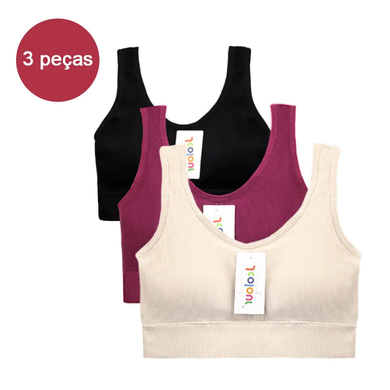 Conjunto de 3 peças: Top esportivo push-up, Poliéster, Respirável e confortável.