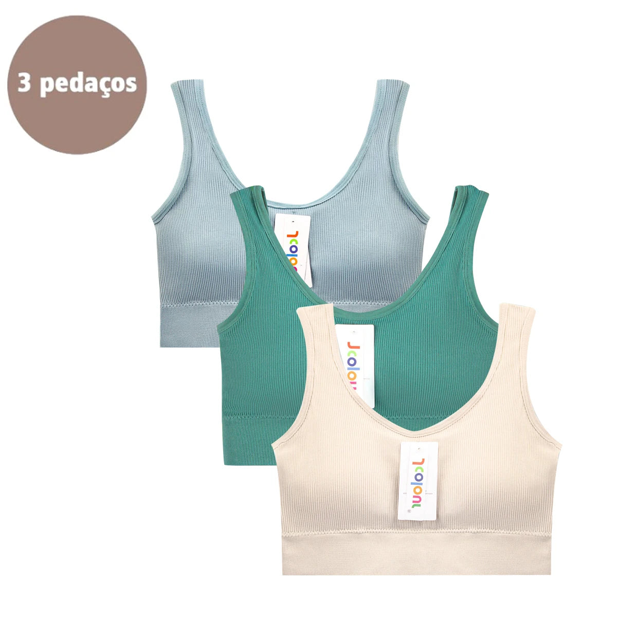 Conjunto de 3 peças: Top esportivo push-up, Poliéster, Respirável e confortável.