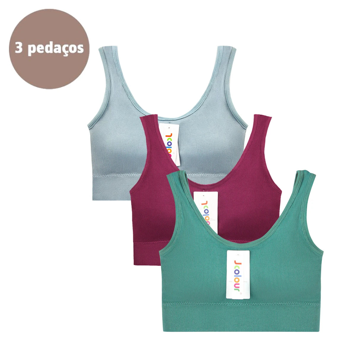 Conjunto de 3 peças: Top esportivo push-up, Poliéster, Respirável e confortável.