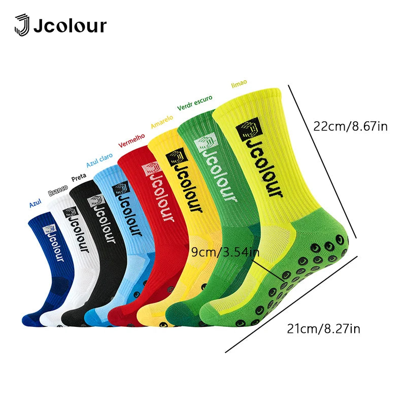 3 Pares Meias esportivas antiderrapantes coloridas，Meia de futebol elástica de cano médio，Poliamida，Ciclismo, corrida