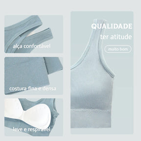 Conjunto de 3 peças: Top esportivo push-up, Poliéster, Respirável e confortável.