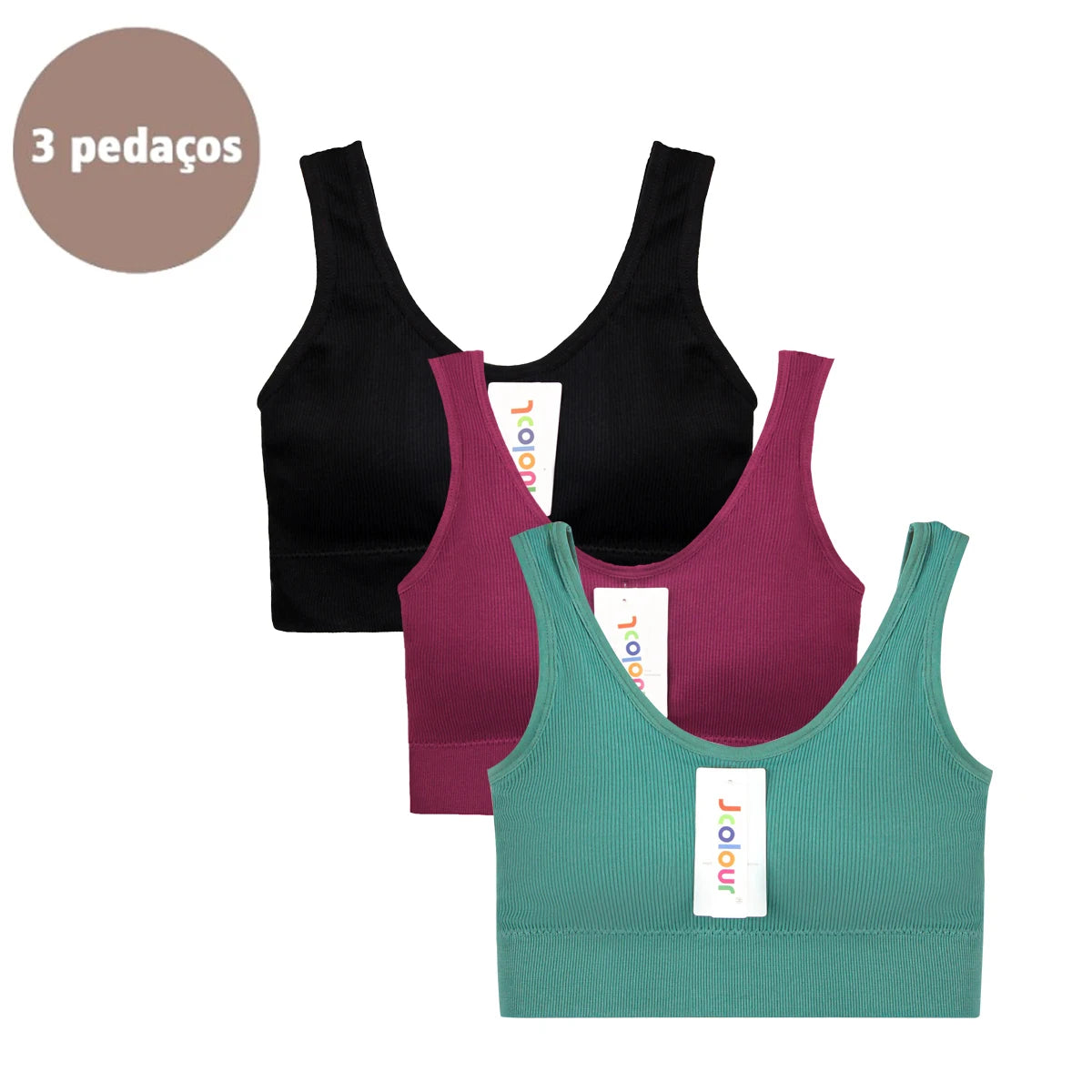 Conjunto de 3 peças: Top esportivo push-up, Poliéster, Respirável e confortável.